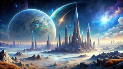 Mysterious alien planet with towering crystal formations, glowing iridescent mist, and distant futuristic cityscape under a sickle-shaped moon.