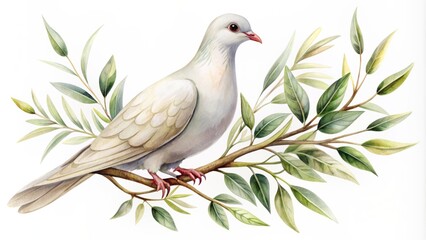 Delicate watercolor painting of a serene white dove perched on an olive branch, exuding peacefulness, set against a pristine white background.