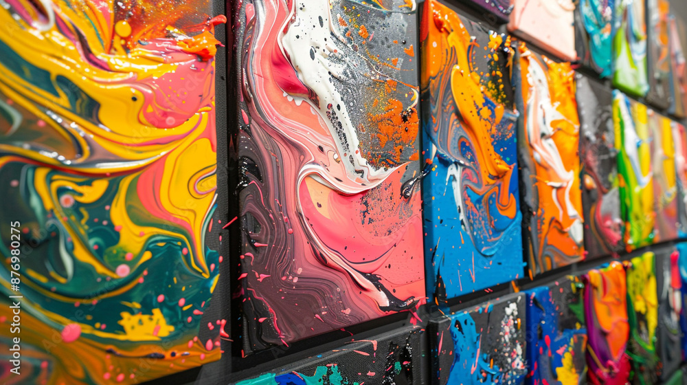 Poster a collection of colorful abstract art pieces on display, each canvas showcasing bold paint colors an