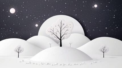 Naklejka premium An expansive snowy plain under a starry night sky, outlined with clean lines and crisp details, designed for a soothing and therapeutic coloring experience.