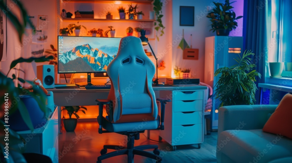 Poster A gaming room setup with a computer desk and a racing style gaming chair. The desk is lit up with a warm light and there are several plants around the room.