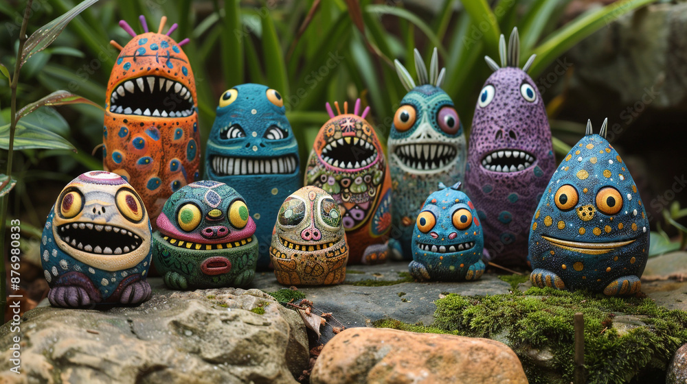Poster a collection of painted rock creatures, each with unique faces and patterns, displayed in a garden.