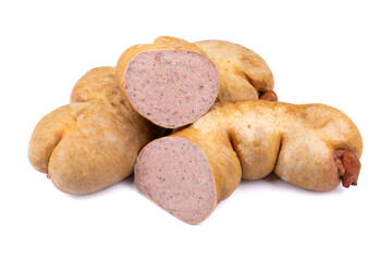 Hausmacher Zwiebelleberwurst, Zwiebel-Leberwurst auf weißem Grund
