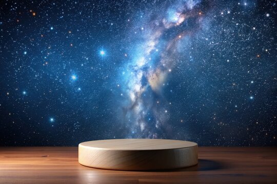 podium on a wooden table for your advertising against the backdrop of the cosmic sky