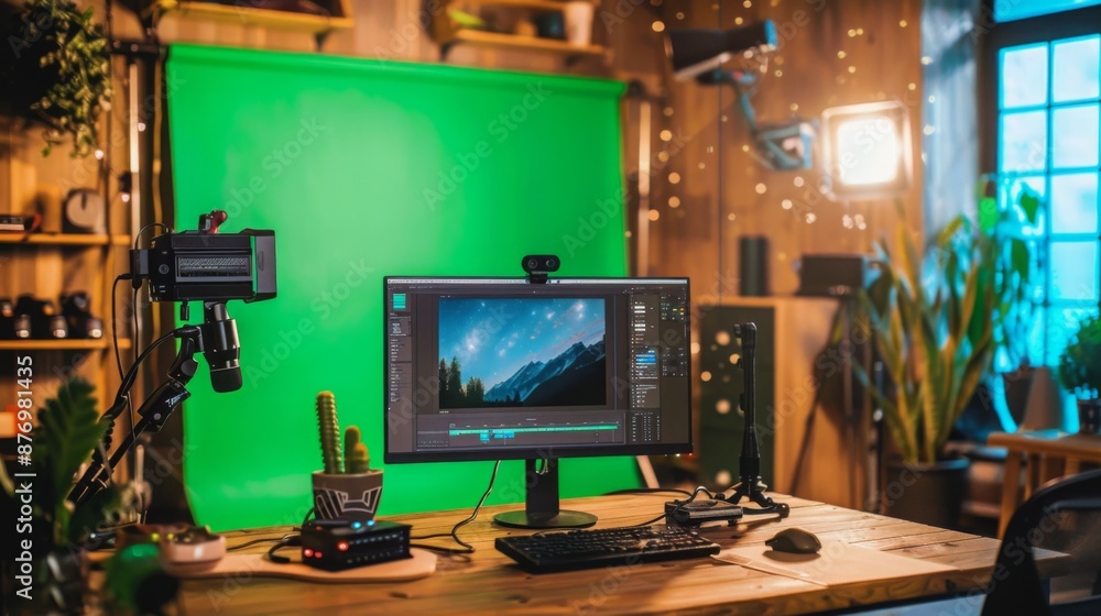 Poster a wooden desk with a computer and a green screen behind it. there are various recording equipment se