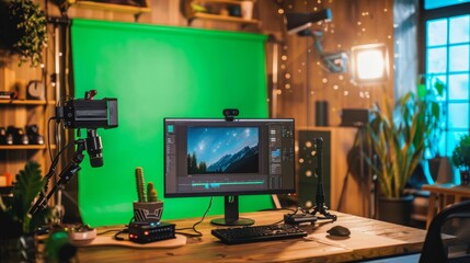 A wooden desk with a computer and a green screen behind it. There are various recording equipment set up.