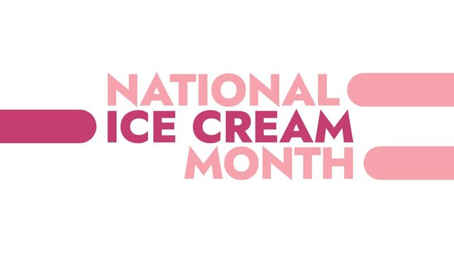 National Ice Cream Month colorful motion graphics seamless loopable text animation on white or black background for celebrating national icecream month in july