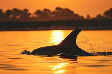 Fototapeta premium The dorsal fin of a coastal botlenose dolphin breaks the surface of the water in an estuary along the North Carolina coast as the orange glow of the sunset paints the waters around the dolphin.