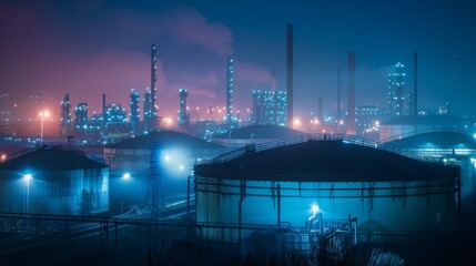 Fototapeta premium Refinery Complex With Illuminated Emission Towers And Large Storage Units Under Foggy Night Conditions For Energy-Themed Projects