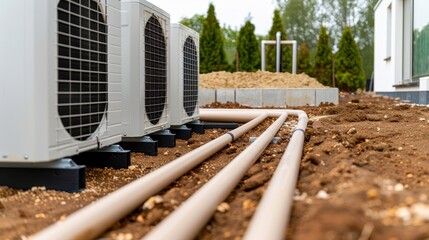 Ground source heat pump system installation, showcasing underground pipes and sustainable energy technology, a modern eco-friendly solution