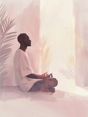Person meditating in a bright, tranquil space with sunlight and plants, perfect for themes of mindfulness, relaxation, and inner peace.