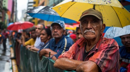 People stand in the rain, waiting under colorful umbrellas, reflecting patient anticipation and resilience. A diverse group showing unity and vibrancy amidst a cityscape setting.