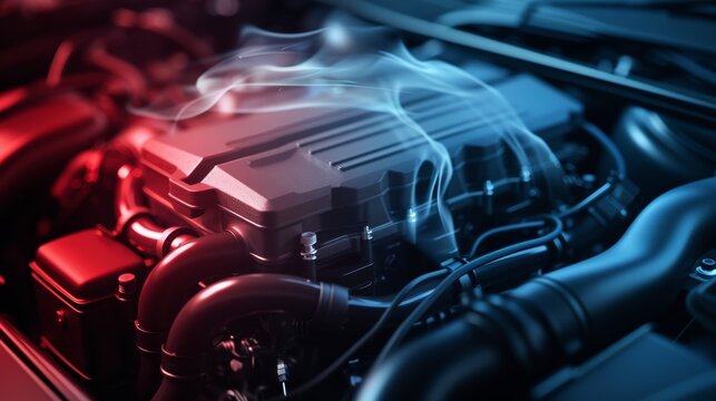 Heat map of a car engine, showing thermal transfer and temperature distribution, detailed technical illustration with warm and cool areas