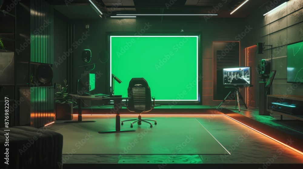 Poster a modern studio setup with a green screen and a desk, ready for filming.