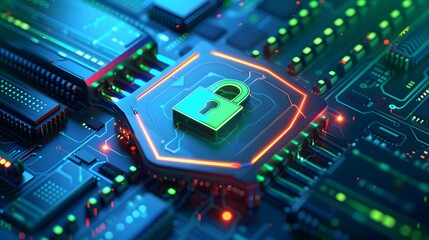 Fototapeta premium A close-up of a circuit board with a glowing padlock symbol, representing cyber security and data protection in a digital world.