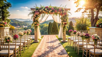 Elegant vintage wedding ceremony setup with exquisite floral arrangement adorning arch at end of long aisle on sunny day.