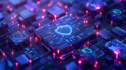 A futuristic digital circuit board with glowing security shield icon, representing cybersecurity and data protection concept.
