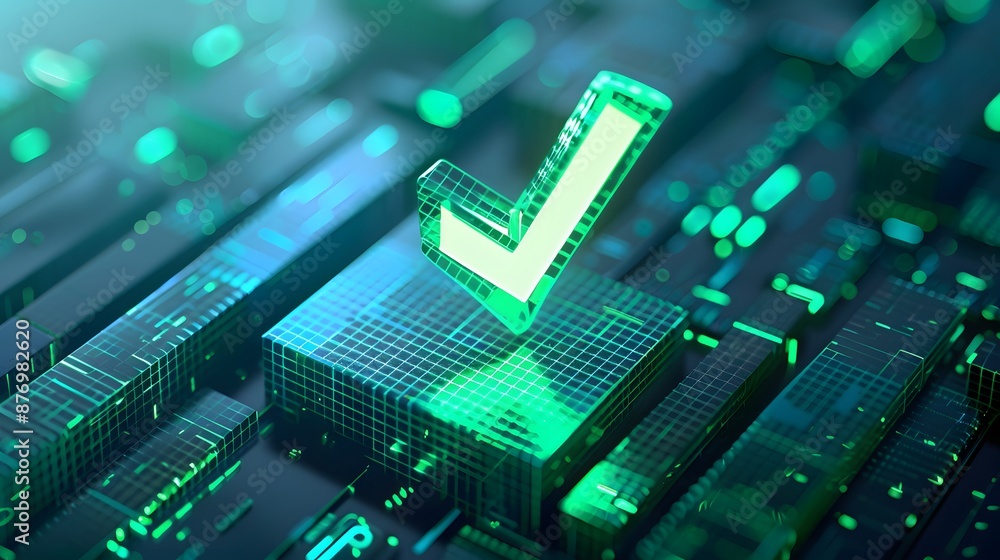 Poster a glowing green checkmark icon on a digital background representing technology, approval, and data v