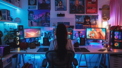 Woman in white shirt with long dark hair plays video game in a room with blue and purple lighting. Computer tower and speakers are visible.