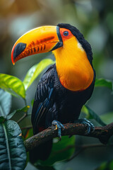 Fototapeta premium In the lush rainforest, a toucan with its distinctive beak perches on a branch amidst colorful wildlife.