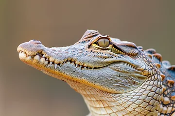 Fotobehang Close-Up of a Crocodile's Head with Detailed Scales, Set Against a Neutral Nature Background © AIContentStock
