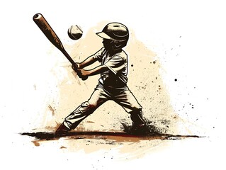 Child playing baseball illustration on white. AI generated
