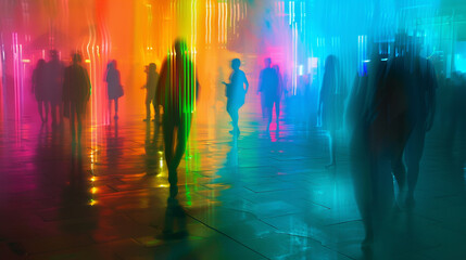 Obraz premium Shadowy figures emerge from the darkness, their forms illuminated by the neon glow.