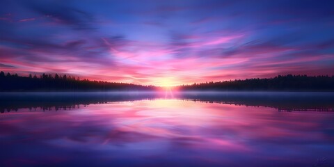 Fototapeta premium Fiery Sunset Over Tranquil Lake Digital Impressionist Painting of Twilight Sky. Concept Digital Painting, Impressionist Style, Sunset, Tranquil Lake, Twilight Sky