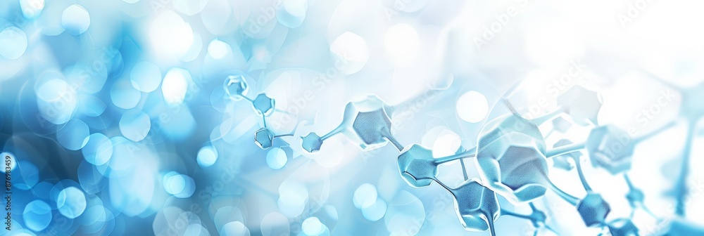 Poster close-up of molecular structure with light blue bokeh background. scientific research and biotechnol