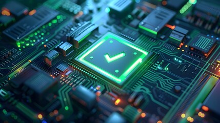 Obraz premium Close-up of a circuit board with green checkmark icon, representing technology, digital security, and electronic innovation.