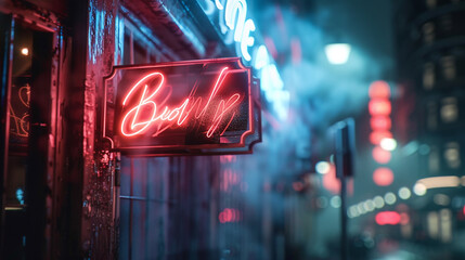 Fototapeta premium The ethereal glow of neon signs amidst the darkness and smoke of the city night.