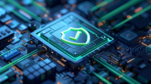 Close-up of a computer motherboard with a security chip symbolizing cybersecurity, data protection, and information technology safety.