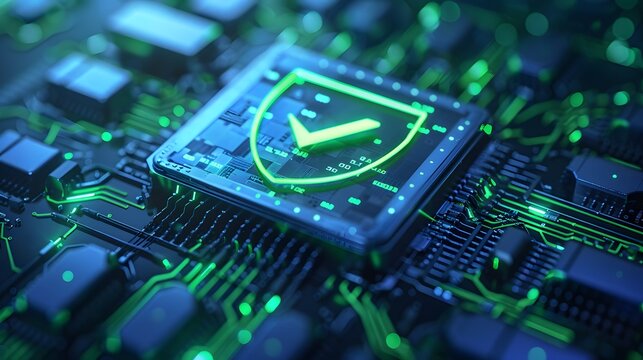 Close-up of a cyber security shield on a computer chip, symbolizing data protection and digital security.