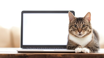 Mockup image of a cat lying next to a laptop with blank white desktop screen on a white background.