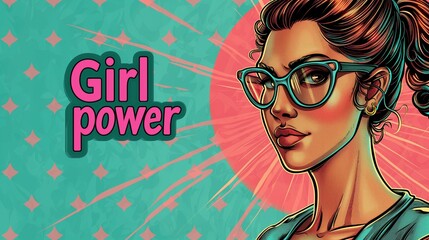 Illustration of a portrait of a young beautiful woman wearing glasses in bright colors with the words “Girl power” on a combination background. The concept of girl power and feminism. 