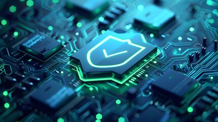 Close-up of a digital security shield icon on a glowing circuit board, representing cybersecurity and data protection in modern technology.