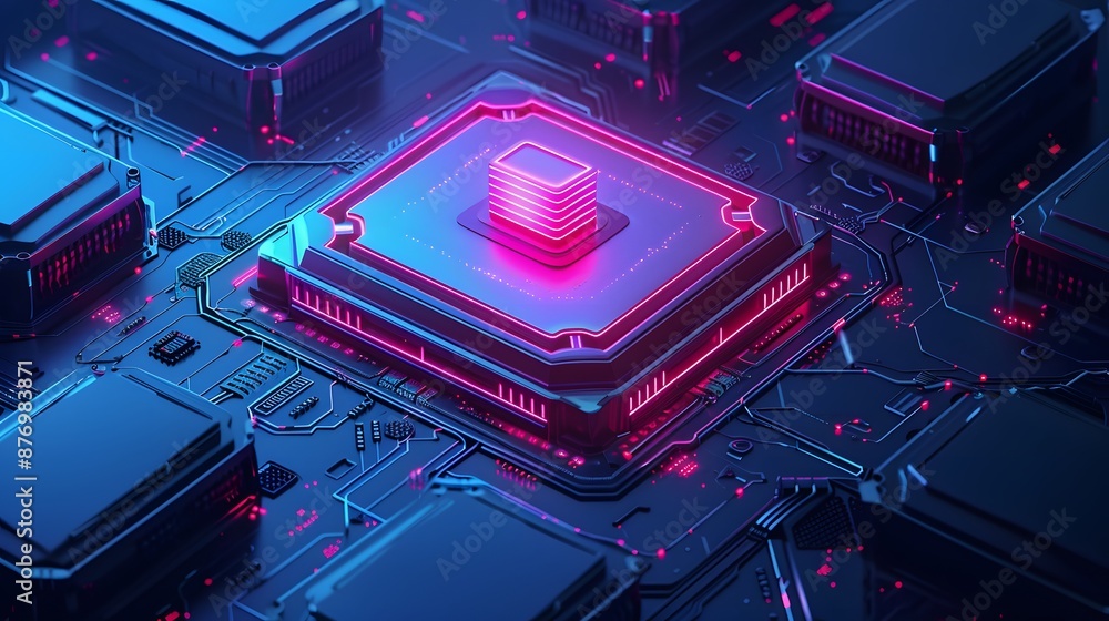Poster close-up of a futuristic electronic circuit board with a glowing microchip, showcasing advanced tech