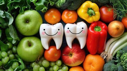 Two happy healthy teeth among healthy diet food top view. Concept of healthy food and healthy teeth 