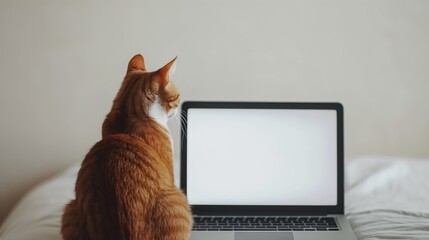 Mockup image of a red cat using laptop with blank white desktop screen