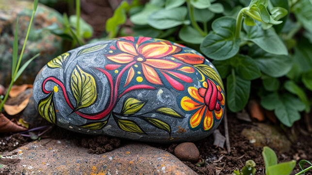 A painted rock garden marker. Generative AI