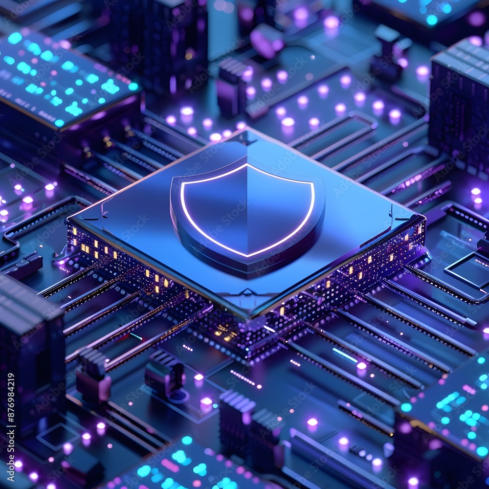 Poster close-up of a microchip with a shield symbol, representing cybersecurity and protection against cybe