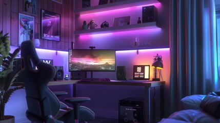 A modern gaming setup with a computer, desk, chair, and led lights. The room is decorated with posters and a plant.