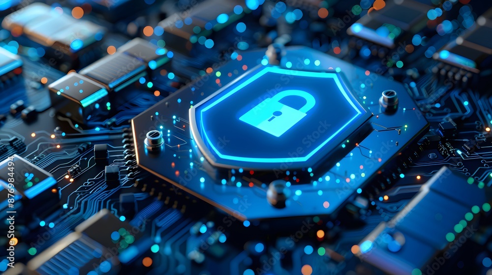 Poster close-up view of a glowing blue padlock on a circuit board, symbolizing cybersecurity and data prote