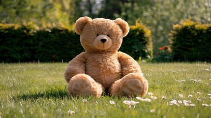 Big plush teddy bear sitting alone on green grass lawn in summer