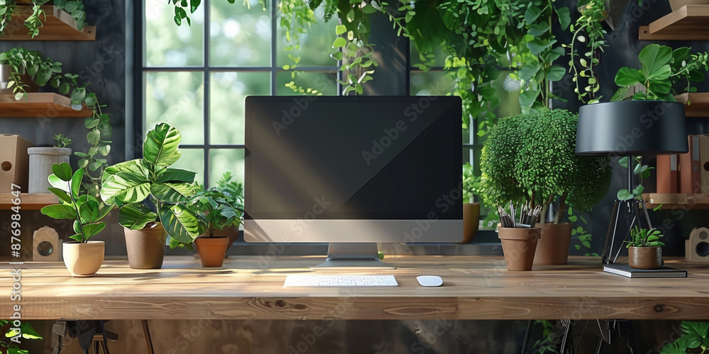 Poster a modern office setup with a computer on a clean desk, providing ample workspace