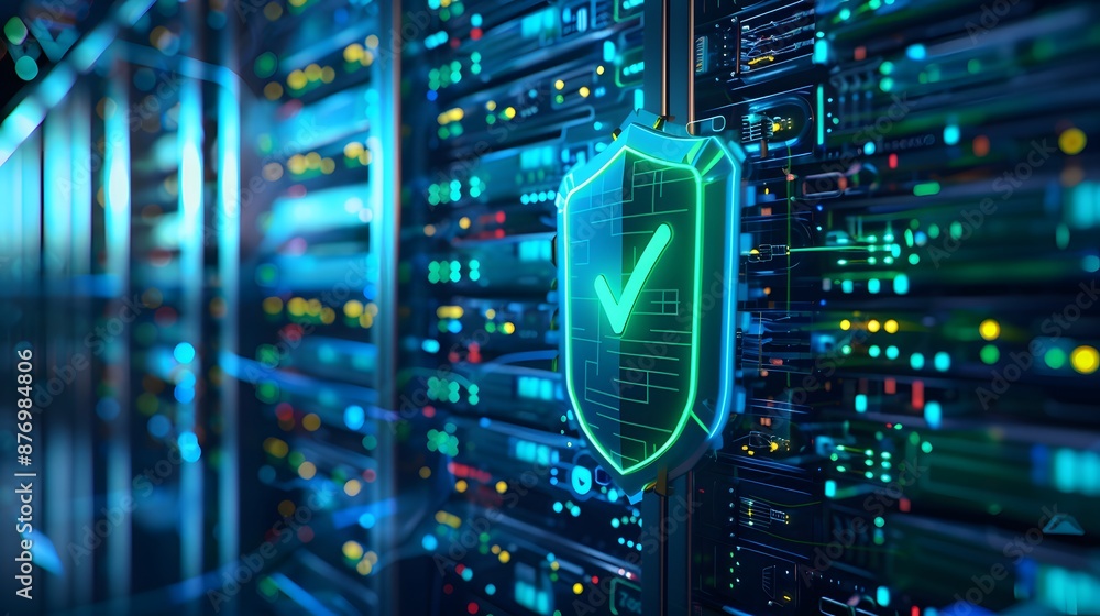Poster data security concept with glowing shield icon in data center. cyber security and information protec
