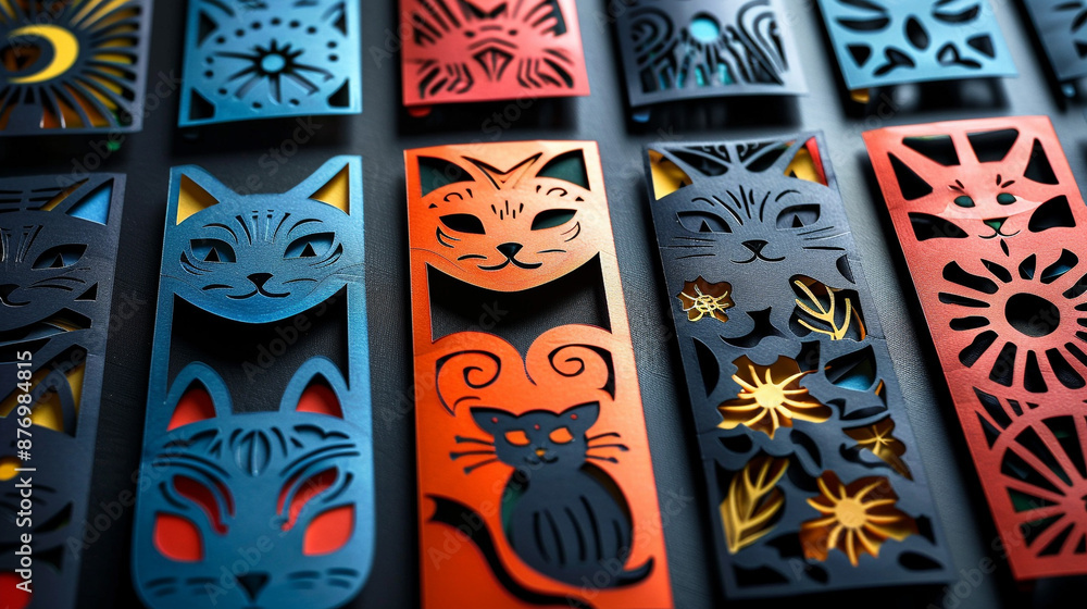 Poster a set of personalized paper bookmarks, each adorned with a unique design cut from bright computer pa