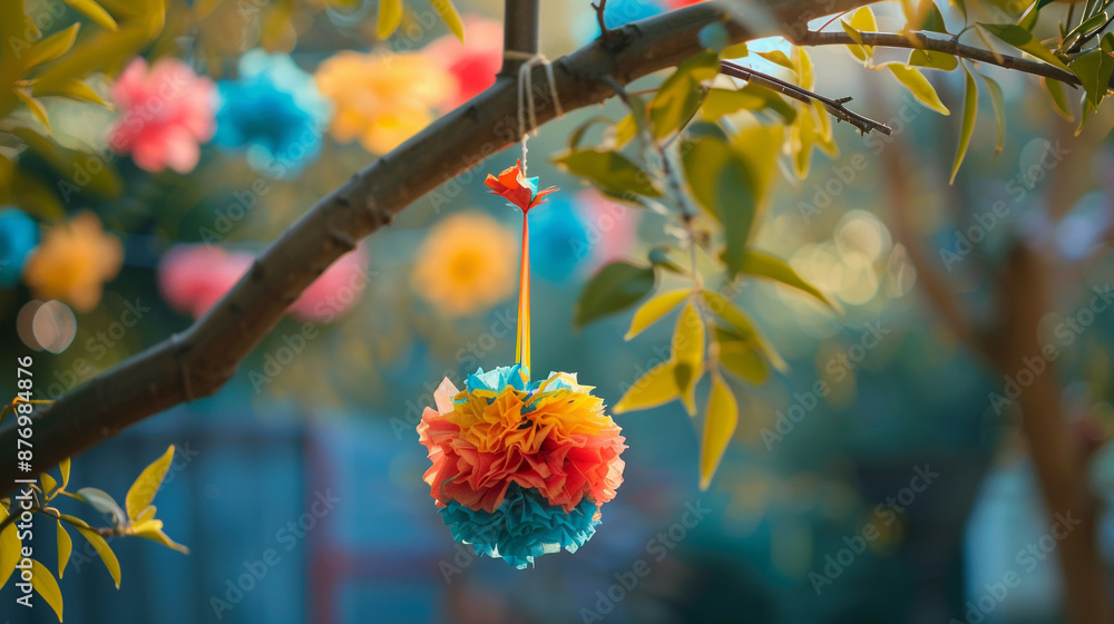 Poster a small tissue paper pi?+/-ata hanging from a tree branch, ready to be broken open by excited childr