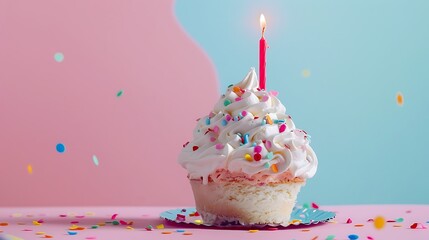 Birthday cake ice cream decorated with candle isolated on pink and blue background
