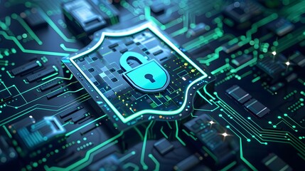 Digital cybersecurity concept with a glowing lock and shield symbol on a circuit board, representing data protection and security.
